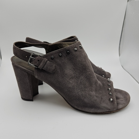 Stuart Weitzman Commodore taupe gray suede studded peeptoe slingbacks size 11.5